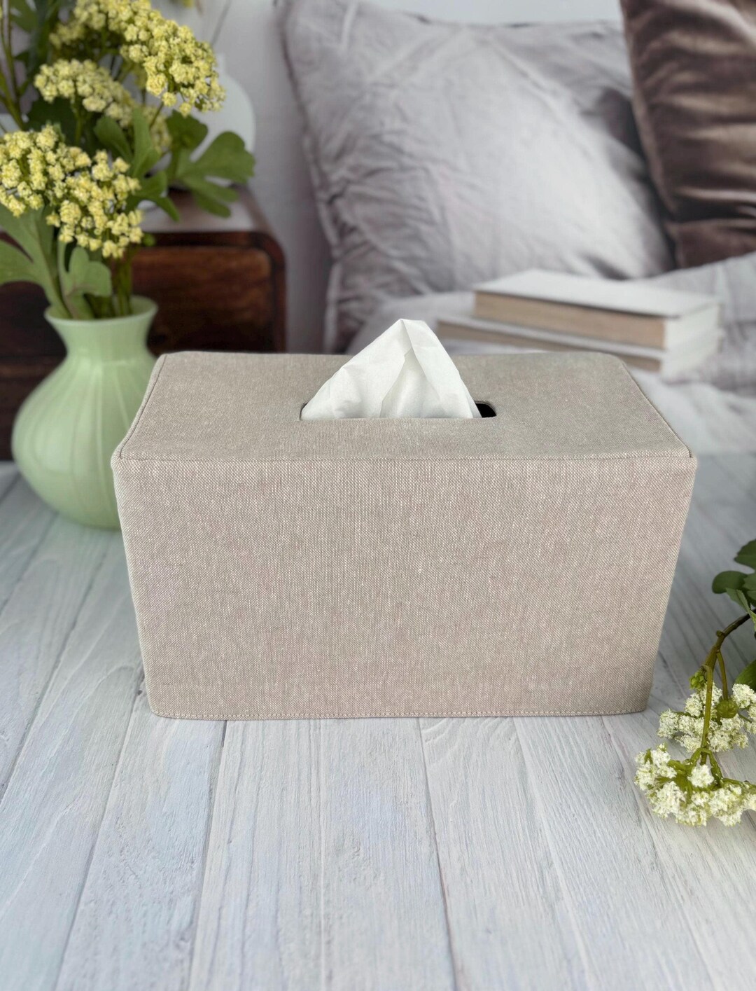 Natural Flax Linen Cotton Blend Rectangle Reversible Tissue Box Cover ...