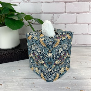 Birds in teal color William Morris fabric reversible tissue box cover