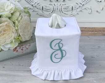 Monogram linen/cotton blend ruffle tissue box cover, pick the linen fabric and thread color