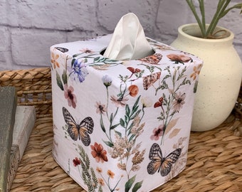 Butterfly floral/Green linen cotton blend reversible tissue box cover