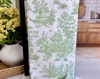 Sage Green Toile Tea Towels, Set of 2, Cotton Farmhouse Kitchen Decor