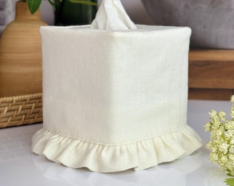 Ivory Linen Tissue Box Cover with Ruffles, Shabby Chic Bathroom Decor, Ruffled Tissue Box Holder, Coquette Aesthetic