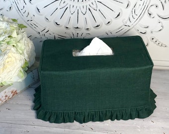 Emerald Green Linen Ruffle Rectangle Tissue Box Cover