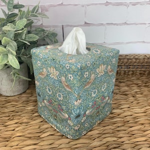 Birds in aqua color William Morris fabric reversible tissue box cover