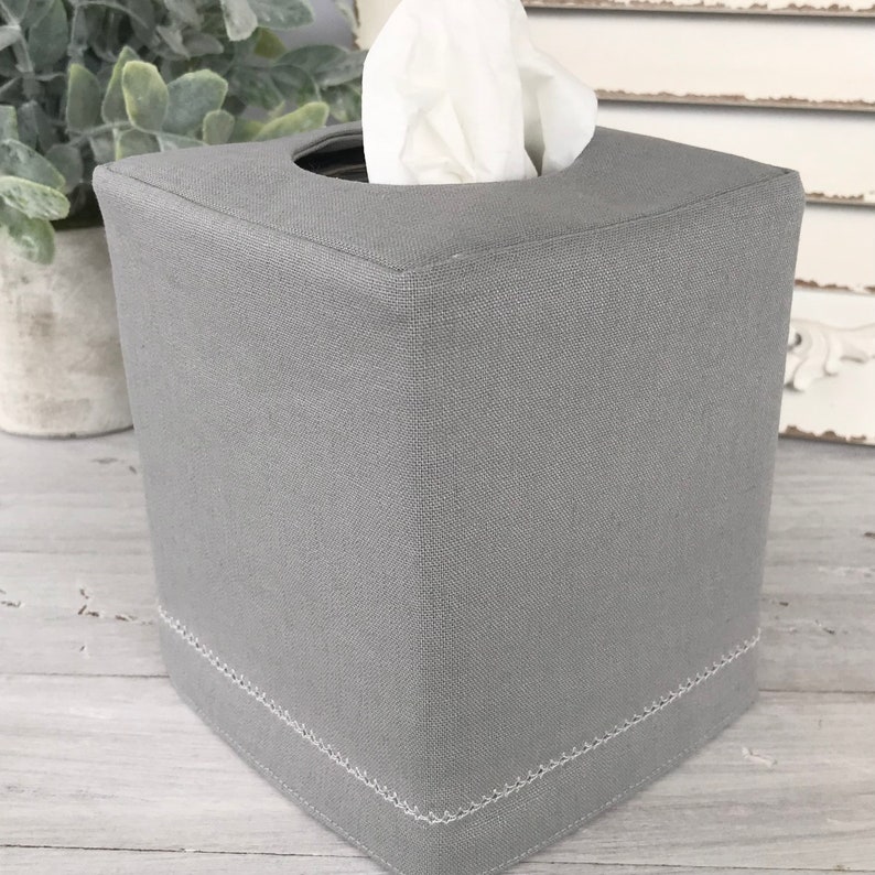 Hemstitch Gray Linen Reversible Tissue Box Cover Etsy