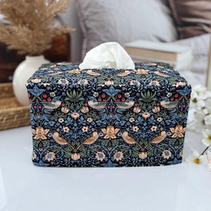 Navy Strawberry Thief Reversible Rectangle Tissue Box Cover, made with William Morris Fabric, Handmade Tissue Holder