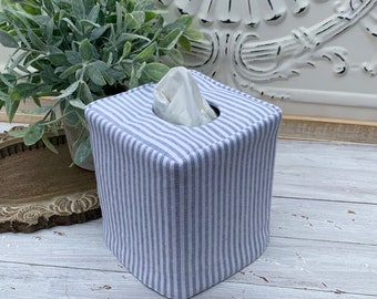 Blue and white stripe linen blend/blue linen reversible tissue box cover