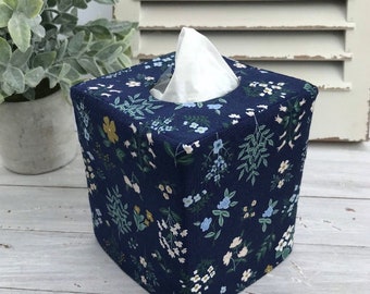 Navy floral /Navy Linen cotton blend reversible tissue cover