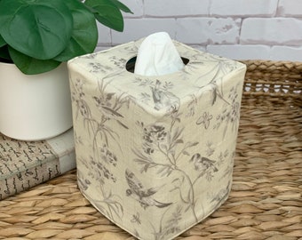 Aviary taupe toile/Angora linen reversible tissue box cover