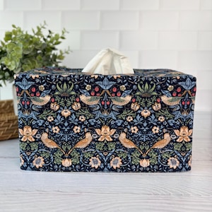 Birds in navy William Morris fabric rectangle reversible tissue box cover