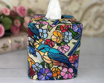 Bird & Floral Reversible Tissue Box Cover | Stained Glass Style Fabric Decor | Colorful Handmade Bathroom Accessory | Bird Lover Gift