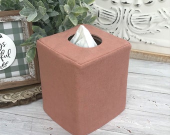 Coral blossom linen/natural flax linen blend reversible tissue box cover