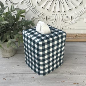 Navy gingham checkered reversible tissue box cover