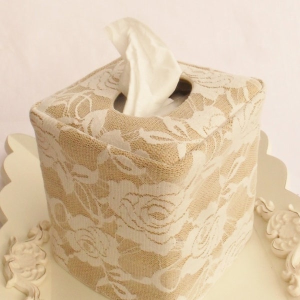 White Lace Burlap natural tissue box cover