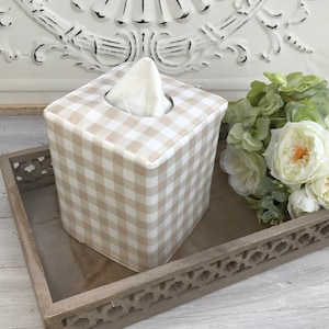 Gingham tan/natural flax linen blend reversible tissue box cover
