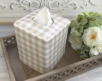 Gingham tan and natural flax linen blend reversible tissue box cover