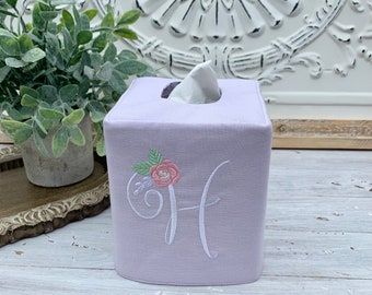 Monogram floral initial linen cotton blend tissue box cover, pick the linen fabric and thread color