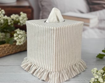 Funda para caja de pañuelos con volantes y rayas naturales / Soporte para pañuelos de lino y algodón estilo rústico / Organizador decorativo para baño y hogar