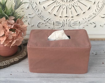 Coral Blossom Linen/Natural flax linen blend reversible tissue box cover