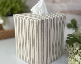 Handmade Brown Stripe Tissue Box Cover | Reversible Cotton Linen Tissue Box Holder | Minimalist Home Decor | Elegant Bathroom & Living Room