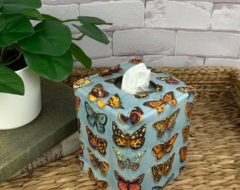 Blue butterfly/blue lake linen reversible tissue box cover