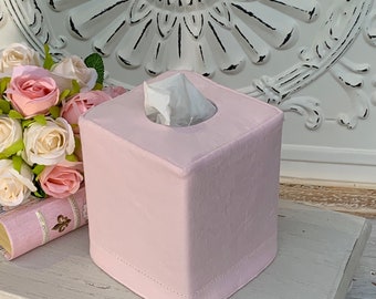 Hemstitch pink Linen  reversible tissue box cover