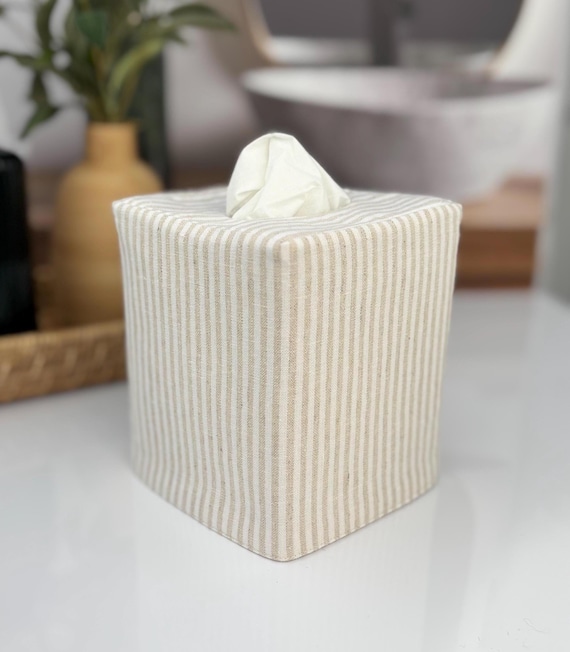 Natural Stripe Linen Blend Tissue Box Cover | Reversible Square Farmhouse Kleenex Cover | Handmade in USA