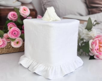 Housse pour boîte à mouchoirs en lin blanc à volants | Porte-boîte carré fait main Kleenex | Décoration de salle de bain élégante