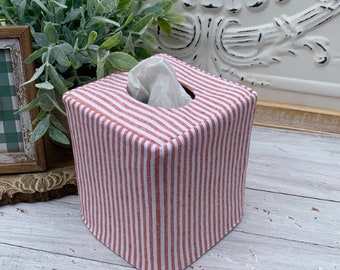 Red stripe/tan stripe linen cotton blend tissue box cover