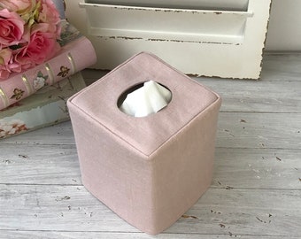 Rose Pink/pale pink Linen reversible tissue box cover