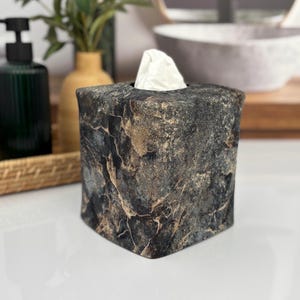Quartz Marble Tissue Box Cover | Reversible Faux Stone and Black Linen | Two Looks in One Cover