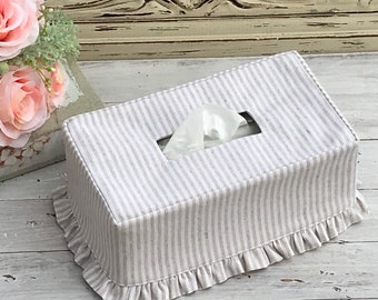 Natural stripe linen cotton blend ruffle rectangle tissue box cover