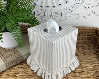 Stripe linen cotton blend ruffle tissue box cover