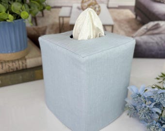 Linen Handmade Reversible Tissue Box Cover: Ice Blue and Swedish Blue
