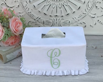 Monogram White linen/cotton blend ruffle linen tissue box cover