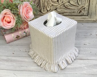 Natural stripe linen blend ruffle tissue box cover