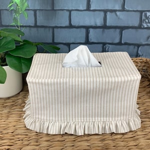 Natural stripe linen cotton blend ruffle rectangle tissue box cover