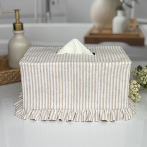 Natural stripe linen cotton blend ruffle rectangle tissue box cover