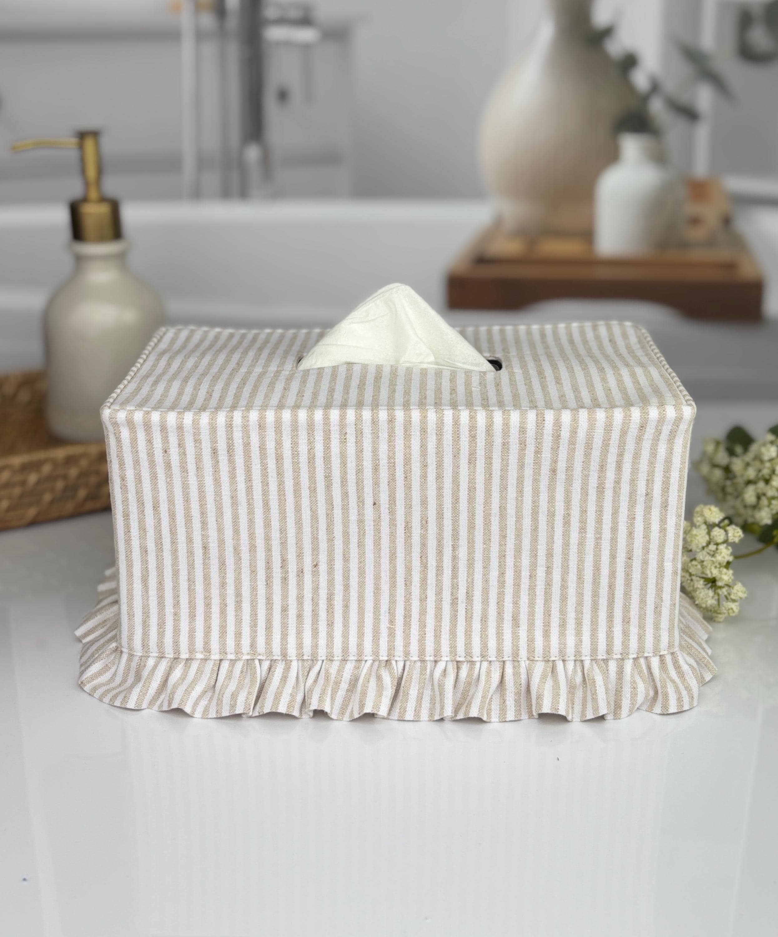Natural Striped Ruffle Rectangle Tissue Box Cover Linen Cotton…