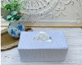 Blue and white stripe linen cotton blend Rectangle Reversible Tissue Box Cover