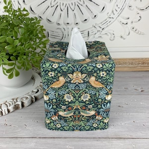 Birds in marine blue color William Morris fabric reversible tissue box cover