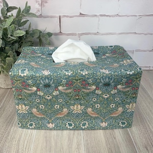 Birds in aqua William Morris fabric rectangle reversible tissue box cover