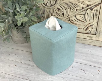 Aqua blue linen reversible tissue box cover