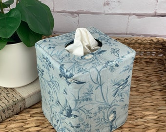 Aviary blue toile/floral reversible tissue box cover