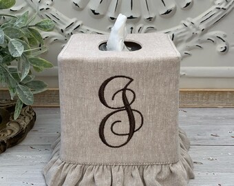 Monogram linen cotton blend ruffle tissue box cover, pick the linen fabric and thread color
