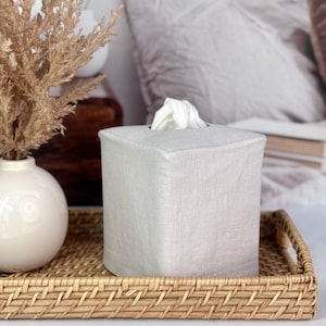 Light Gray and dark asphalt gray linen reversible tissue box cover