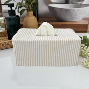 Natural stripe linen cotton blend rectangle reversible tissue box cover