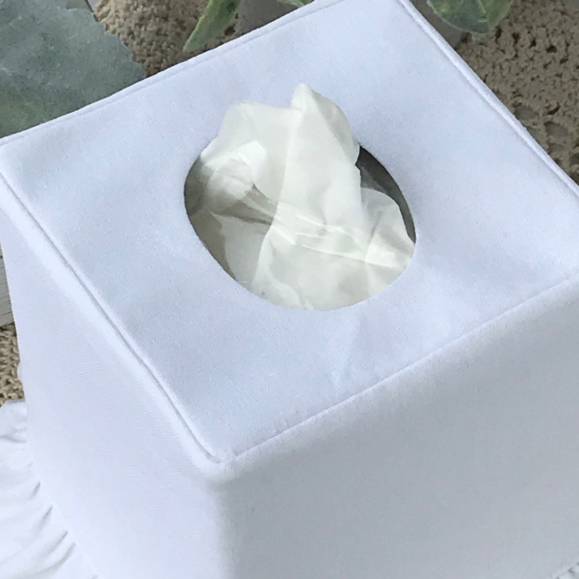 White Linen Ruffled Tissue Box Cover Etsy