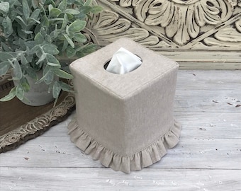 Natural Flax Linen cotton blend ruffle tissue box cover