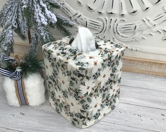 Poinsettia/Green linen reversible tissue box cover